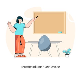 A class teacher giving lecture on board, flat illustration