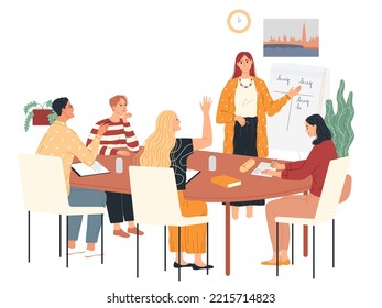 Class, teacher at the whiteboard in front of students