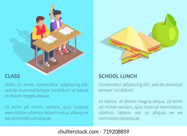 Class with two students boy and girl sitting at desk with open textbooks and school lunch apple and sandwich vector illustrations with text on blue