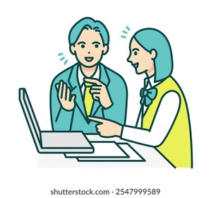 Class using a computer. Clip art of high school girl learning with teacher.