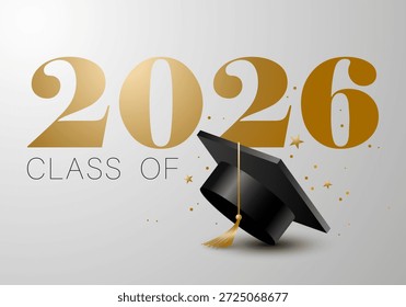 Clase del año 2026 con tope de graduación. Educación académica cap. Plantilla para diseño de graduación, graduado de felicitación de escuela secundaria o universidad, anuario. Felicitaciones graduados concepto de Anuncio. 2026