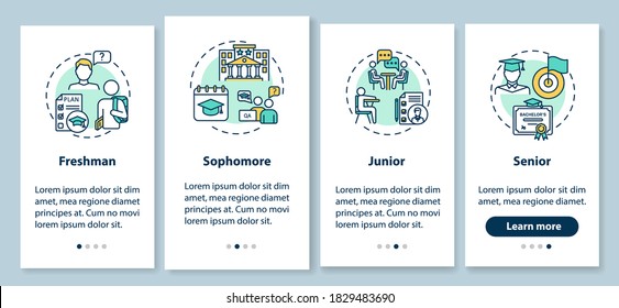 Class year onboarding mobile app page screen with concepts. College education walkthrough 4 steps graphic instructions. High school pupil UI vector template with RGB color illustrations