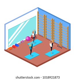 Class yoga and pilates, people are doing sports isometric 3D vector illustration