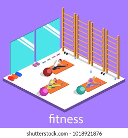 Class yoga and pilates, people are doing sports isometric 3D vector illustration