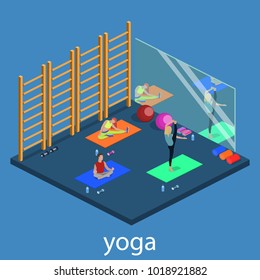 Class yoga and pilates, people are doing sports isometric 3D vector illustration