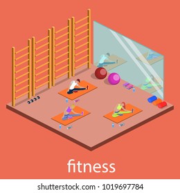 Class yoga and pilates, people are doing sports isometric 3D vector illustration