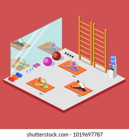 Class yoga and pilates, people are doing sports isometric 3D vector illustration