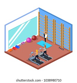 Class yoga and pilates, people are doing sports isometric 3D vector illustration