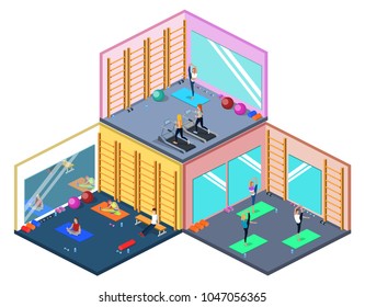 Class yoga and pilates, people are doing sports isometric 3D vector illustration