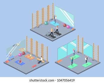 Class yoga and pilates, people are doing sports isometric 3D vector illustration