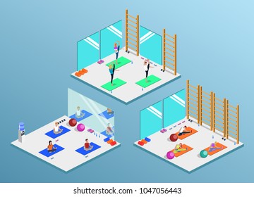 Class yoga and pilates, people are doing sports isometric 3D vector illustration