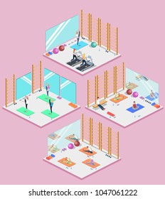 Class yoga and pilates, people are doing sports isometric 3D vector illustration