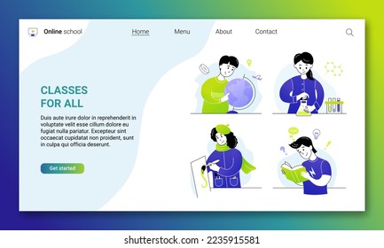 Classes for all landing page, web banner template. School class or educational services with students studying, doing scientific experiments and painting website cartoon thin line vector illustration