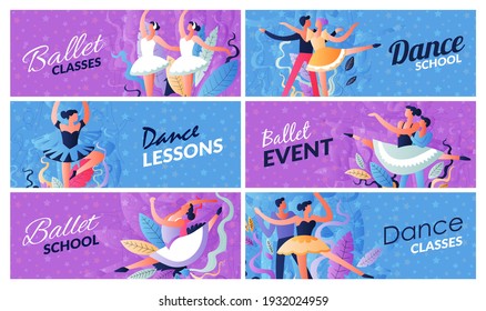 Clases en aula de ballet escolares con pancartas. Anuncio para una clase de baile. Próximo afiche del evento. Ballet bailable masculino y femenino, ilustración vectorial. Ejercicios y formación en puntas.