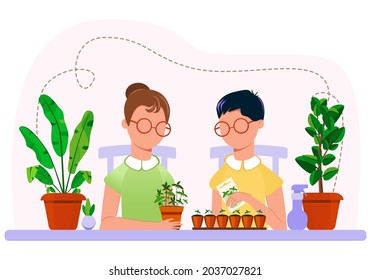 Classes in botany, gardening, floriculture. Students plant seeds of plants in pots. Training seminar. Cartoon style. Vector.