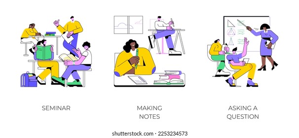 Classes in a college isolated cartoon vector illustrations set. College seminar, writing notes in a classroom, asking a question, student lifestyle and educational process vector cartoon.