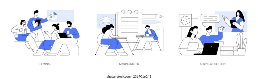 Classes in a college isolated cartoon vector illustrations set. College seminar, writing notes in a classroom, asking a question, student lifestyle and educational process vector cartoon.