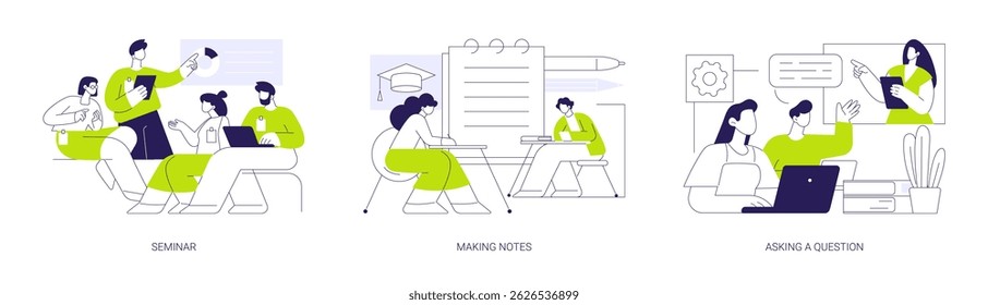 Classes in a college isolated cartoon vector illustrations set. College seminar, writing notes in a classroom, asking a question, student lifestyle and educational process vector cartoon.