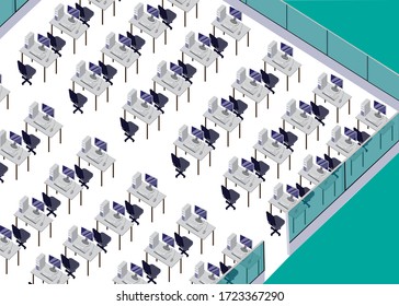 Classes filled with computers are lined up, but it's still quiet, nobody