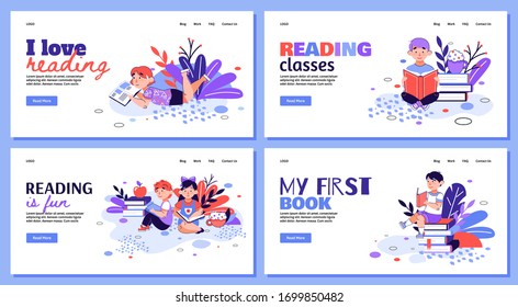 Classes and library set with children reading books cartoon vector illustration.