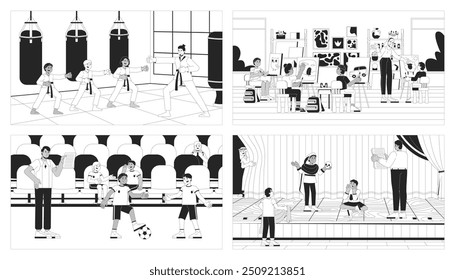 Klassen Mittelschule Kinder schwarz-weiße Linie Illustrationen gesetzt. Theater Kinder 2D Zeichen monochrome Hintergründe. Kampfkunst, Malunterricht Fußball Skizzen Vektorgrafik Kollektion