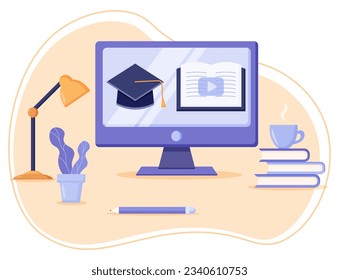 Сoncept оnline classes on monitor screen for e-learning course, webinar and online education on top of office desk, vector flat illustration