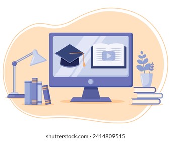 Сoncept оnline classes on monitor screen for e-learning course, webinar and online education on office desk, vector flat illustration