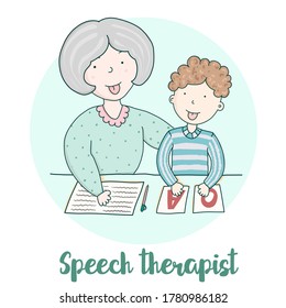 Classes with speech therapist. Staging sounds. Children vector illustration in cartoon style