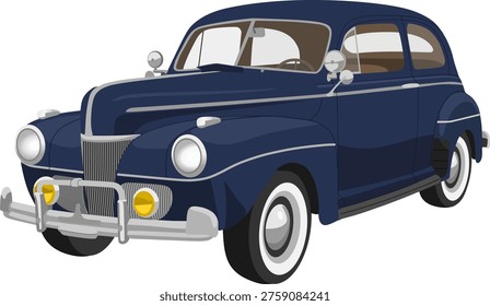 Classic 1940s Style Dark Blue Sedan - Vintage American Antique Car with Whitewall Tires and Chrome Details	