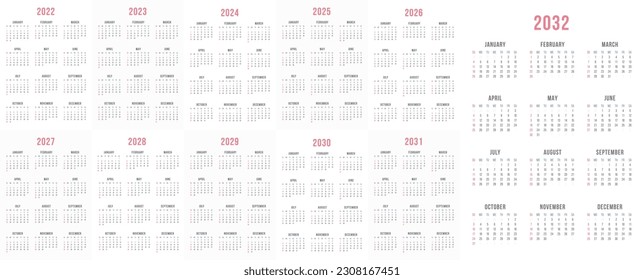 Classic 2024-2032 Calendar Designs. Modern Vector Templates for Desk, Wall One-Page Layouts. English Calendar with Sunday Start, Quarterly and Annual Views. Graphic Business Planner. svg