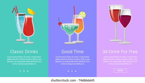 Classic and 3D drinks for free ro have good time. Tasty alcoholic beverages with fruit slices and straws vector illustrations on bright background.