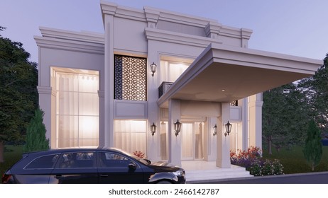 classic 3D facade design of a residential house with a terrace roof hanging to the front