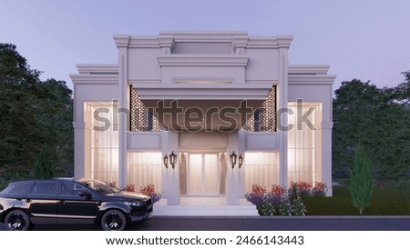 classic 3D facade design of a residential house with a terrace roof hanging to the front