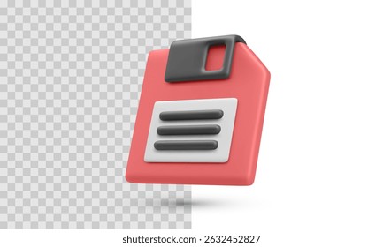 Classic 3d Red Floppy Disk Icon with Label and Save Symbol in Retro Computer Style. Vector Illustration.