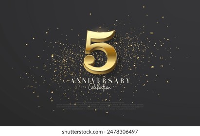 Classic 5th anniversary design. With luxurious and shiny 3D gold numbers. Set on a black background filled with glitter.