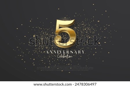 Classic 5th anniversary design. With luxurious and shiny 3D gold numbers. Set on a black background filled with glitter.