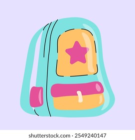 Elemento clásico de los años 80 y 90. Mochila azul para la escuela. Educación y aprendizaje, formación. Bolso de moda. Pegatina para redes sociales. Ilustración vectorial plana aislada sobre fondo violeta