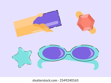 Elemento clásico de los años 80 y 90. Gafas de sol azules y estrella. Iconos retro en estilo funky. Moda y estilo. Pegatina para redes sociales. Ilustración vectorial plana aislada sobre fondo violeta