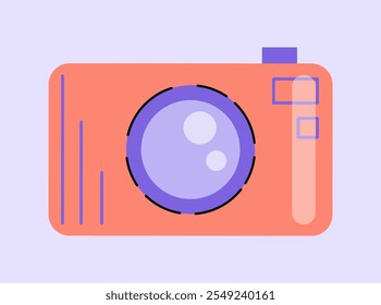 Classic 80s and 90s element. Orange camera. Equipment for taking photos. Fashion and style. Sticker for social networks. Flat vector illustration isolated on violet background