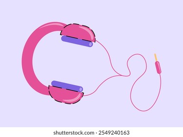 Elemento clásico de los años 80 y 90. Auriculares rosados. Equipo de audio para escuchar música. Moda y estilo. Pegatina para redes sociales. Ilustración vectorial plana aislada sobre fondo violeta