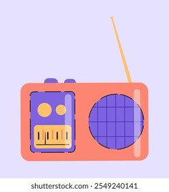 Elemento clásico de los años 80 y 90. Equipo de radio y audio. Música y transmisión en las bases de la radio. Pegatina para redes sociales. Ilustración vectorial plana aislada sobre fondo violeta