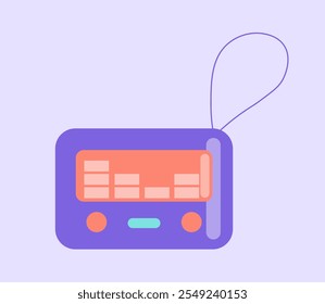 Elemento clásico de los años 80 y 90. Video Juegos y arcadas. Gadget y dispositivo de juego. Diversión y entretenimiento. Pegatina para redes sociales. Ilustración vectorial plana aislada sobre fondo violeta