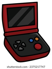 Classic 80s 90s element.Gameplay handled gaming kid. Video game console. Portable videogame.Video games. Isolated on transparent background.Vector flat illustration.