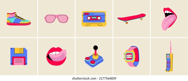Clásicos de los años 90 con un estilo de línea plana. Ilustración vectorial dibujada a mano: tablero de patinaje, cassette, zapatillas, gafas de sol, boca con lengua, disquete, relojes, teléfono. Parche de moda, insignia, emblema.