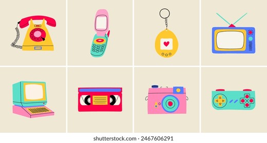 Classic 80s 90s elements in flat line style. Hand drawn vector illustration: telephone, flip mobile phone, tamagotchi, TV, computer, video cassette, camera, game controller. 
