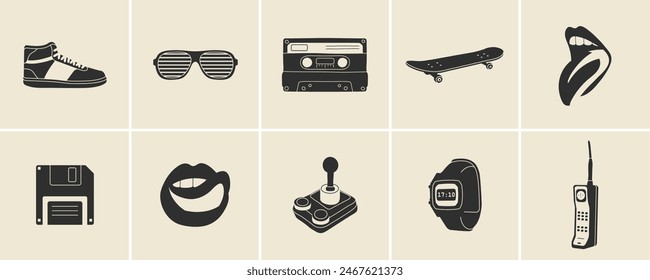 Elementos clásicos de los años 80 y 90 en estilo de línea plana. Ilustración vectorial dibujada a mano: tabla de skate, cassette, zapatilla, gafas de sol, boca con lengua, disquete, relojes, teléfono. Parche de moda, placa, emblema.	
