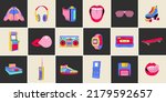 Classic 80s 90s elements in modern flat line style. Hand drawn vector illustration: jacket, cube, lips, headphones, roller skate, cassette, recorder, camera roll etc. Fashion patch, badge, emblem.