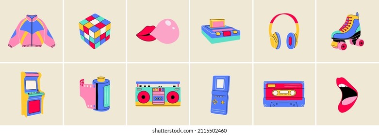 Classic 80s 90s elements in modern style flat, line style. Hand drawn vector illustration: jacket, cube, lips, headphones, roller skate, cassette, recorder, camera roll. Fashion patch, badge, emblem.