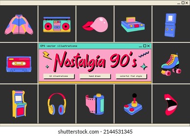 Clásicos de los años 90 con un estilo moderno y plano. Ilustración vectorial dibujada a mano: chaqueta, cubo, labios, audífonos, patineta de rodillos, cassette, grabadora, rollo de cámara. Parche de moda, insignia, emblema.