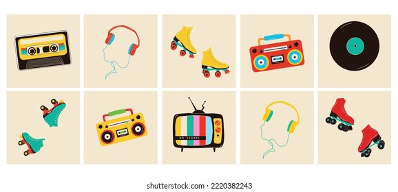 Classic 80s 90s elements in modern style flat, line style. Hand drawn vector illustration: headphones, roller skate, cassette, boombox, old tv, vinyl record. Fashion patch, badge, emblem.